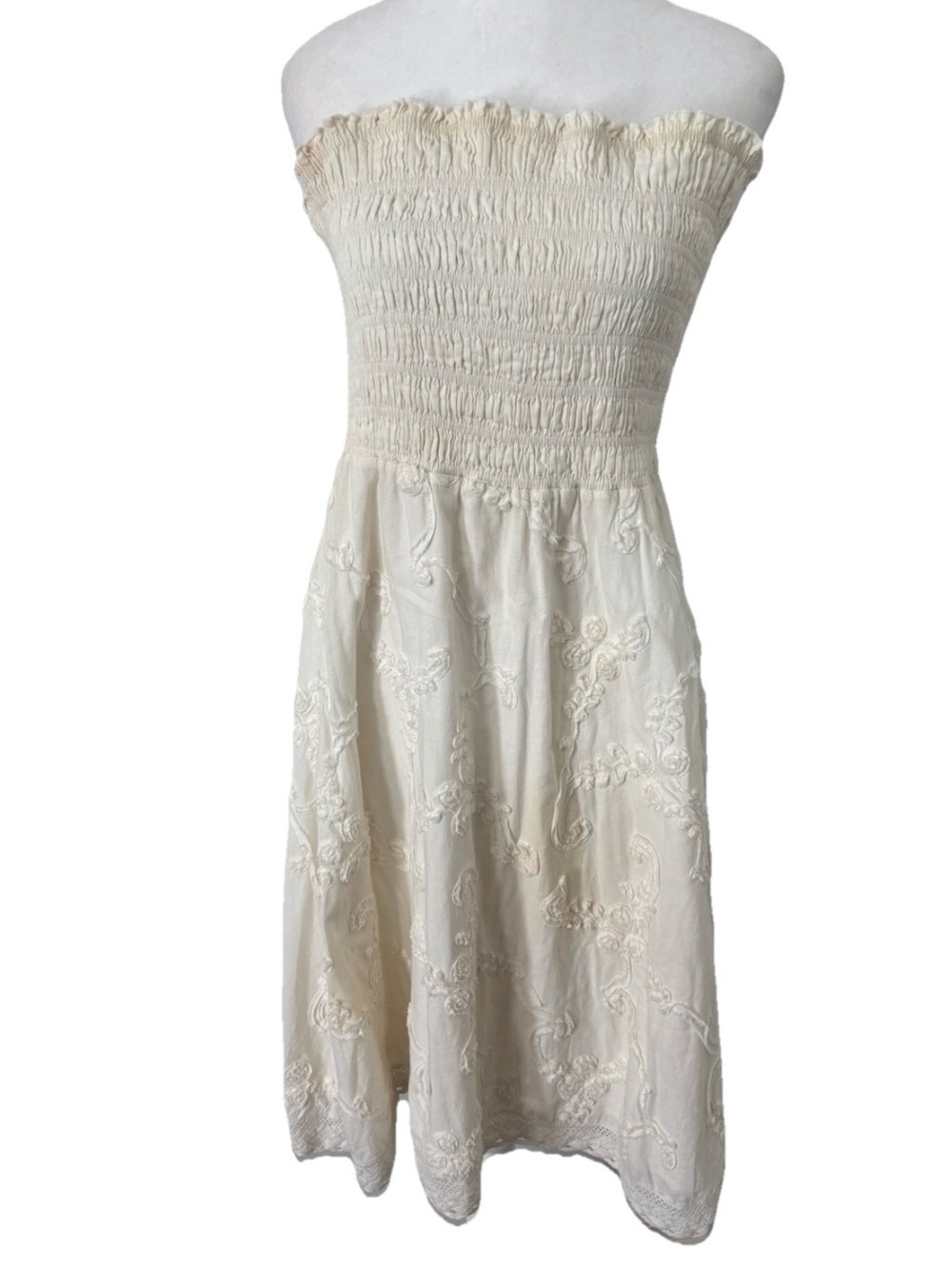 Lyndia Procanik Ivory Dress Strapless Smocked Embellished Sz 10 Boho Lined